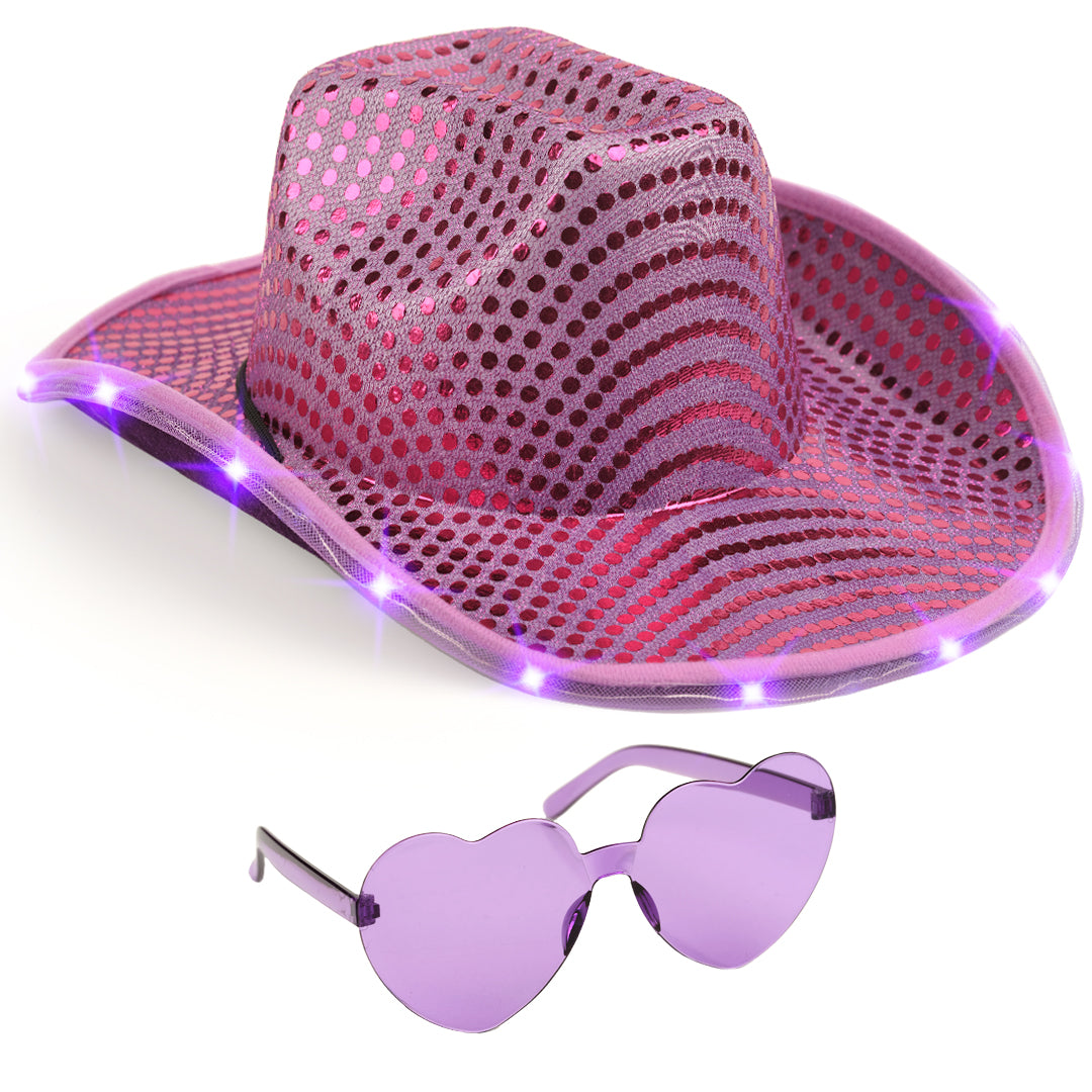 Funcredible Light Up Cowboy Hat and Glasses - Sparkly Disco Cowgirl Hat - Sequin Cowboy Hat - Cowgirl Outfits for Women