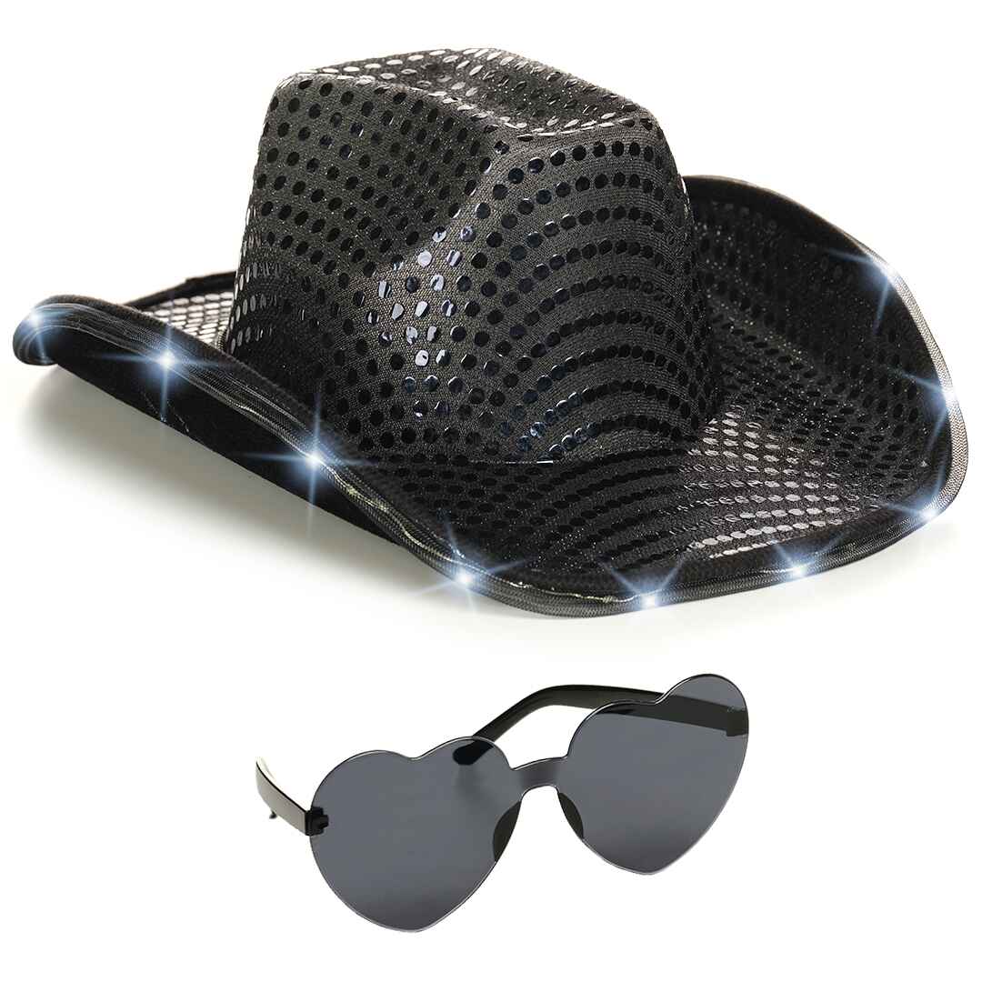 black Cowgirl Hat for women holographic space cowboy hat dark rave hat sequin led halloween