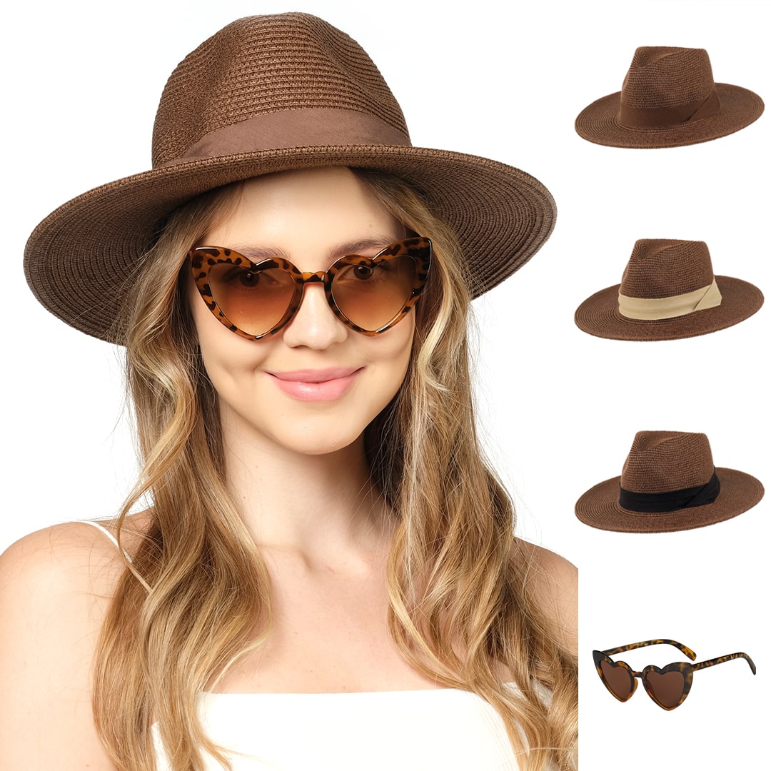 Funcredible Straw Fedora Hat for Women - Foldable Sun Hat - Packable Beach Hat - Panama Hat with Bows and Heart Shape Glasses