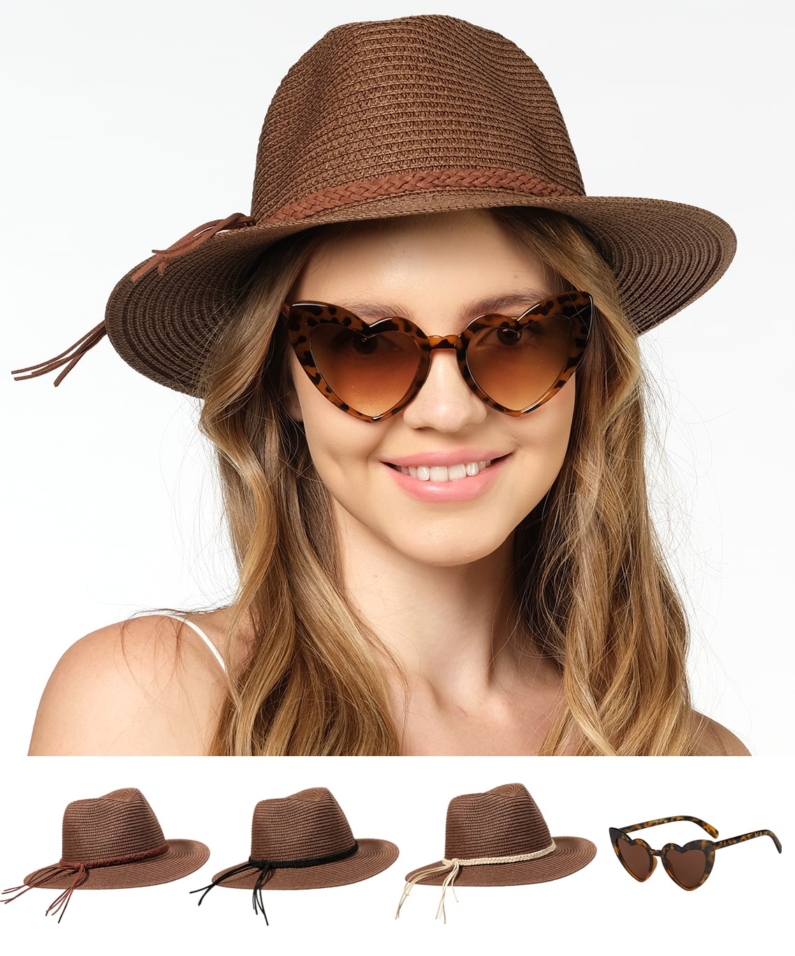 Funcredible Straw Fedora Hat for Women - Panama Hat with Bows and Heart Shape Glasses - Foldable Sun Hat - Packable Beach Hat