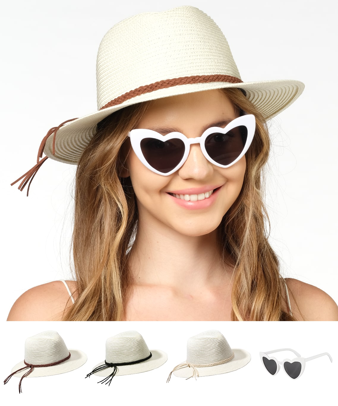 Funcredible Straw Fedora Hat for Women - Panama Hat with Bows and Heart Shape Glasses - Foldable Sun Hat - Packable Beach Hat