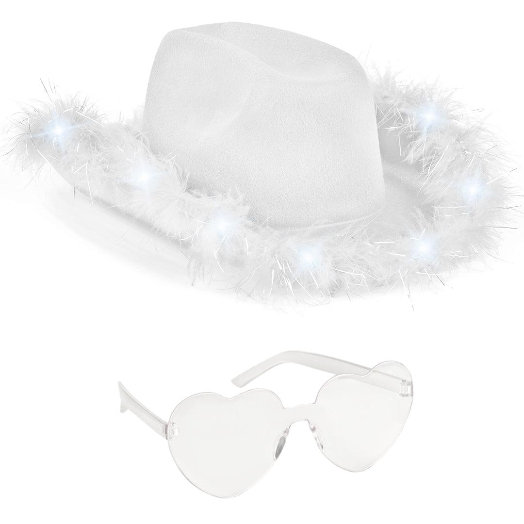 White Cowgirl Hat with Fur Rim - Trendy Halloween Light Up Cowboy Hat - Ideal for Western Rodeo Parties and Celebrations - Perfect for Costume Events, including Bride Cowgirl Parties - FUNCREDIBLE