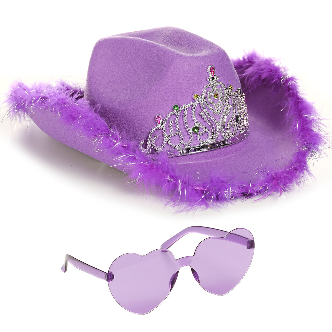Funcredible Purple Cowboy Hat and Glasses - Preppy Cowgirl Hat - Sparkly Cowboy Hat - Cowgirl Outfit Accessories for Women and Girls