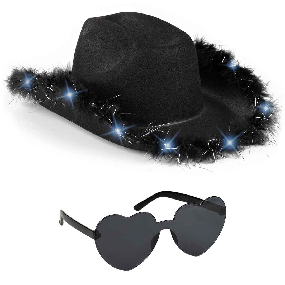 Funcredible Fashionable Black Cowgirl Hat with Glasses - Halloween Light Up Cowboy Hat