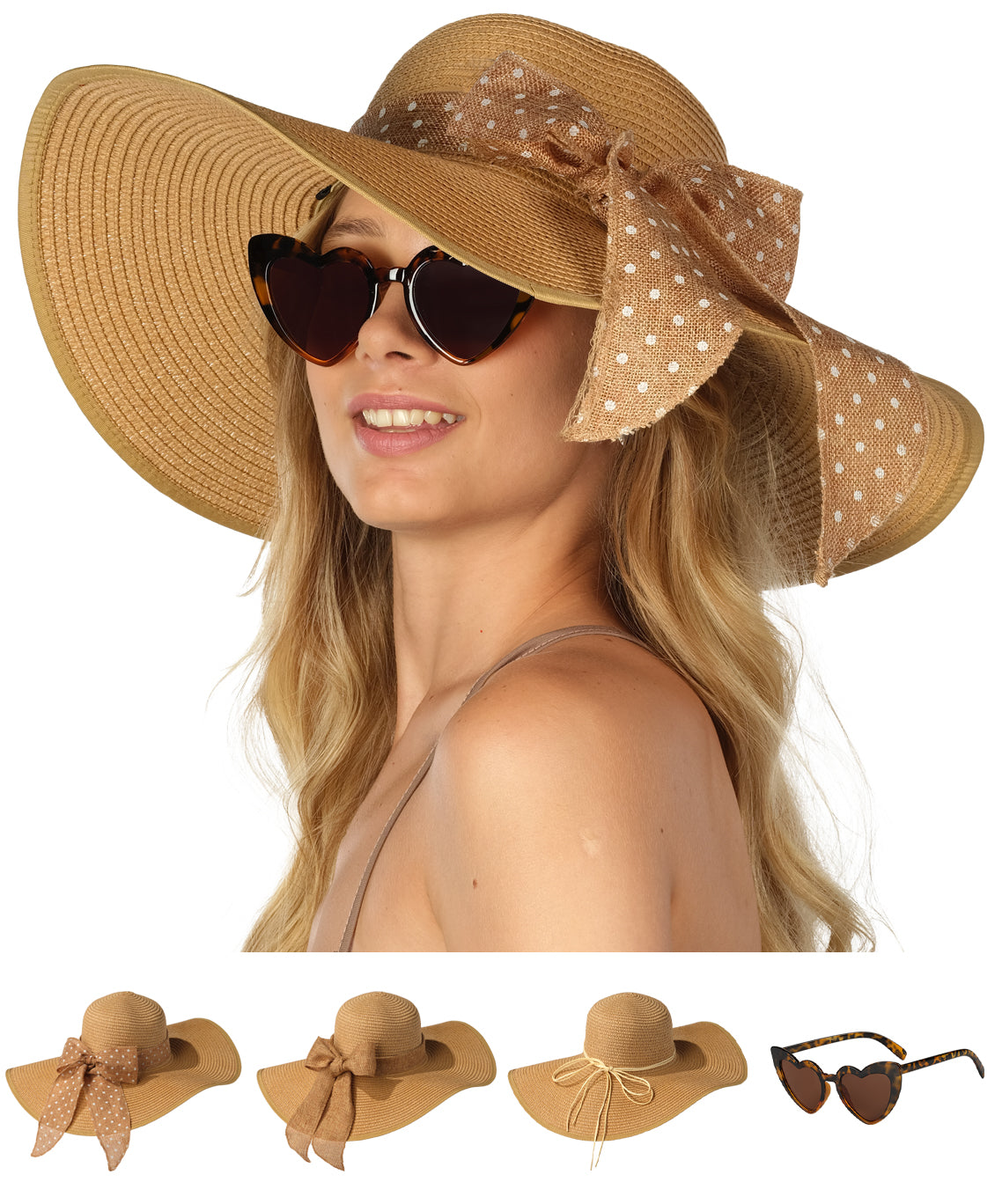 Funcredible Wide Brim Sun Hats for Women - Floppy Straw Hat with Heart Glasses