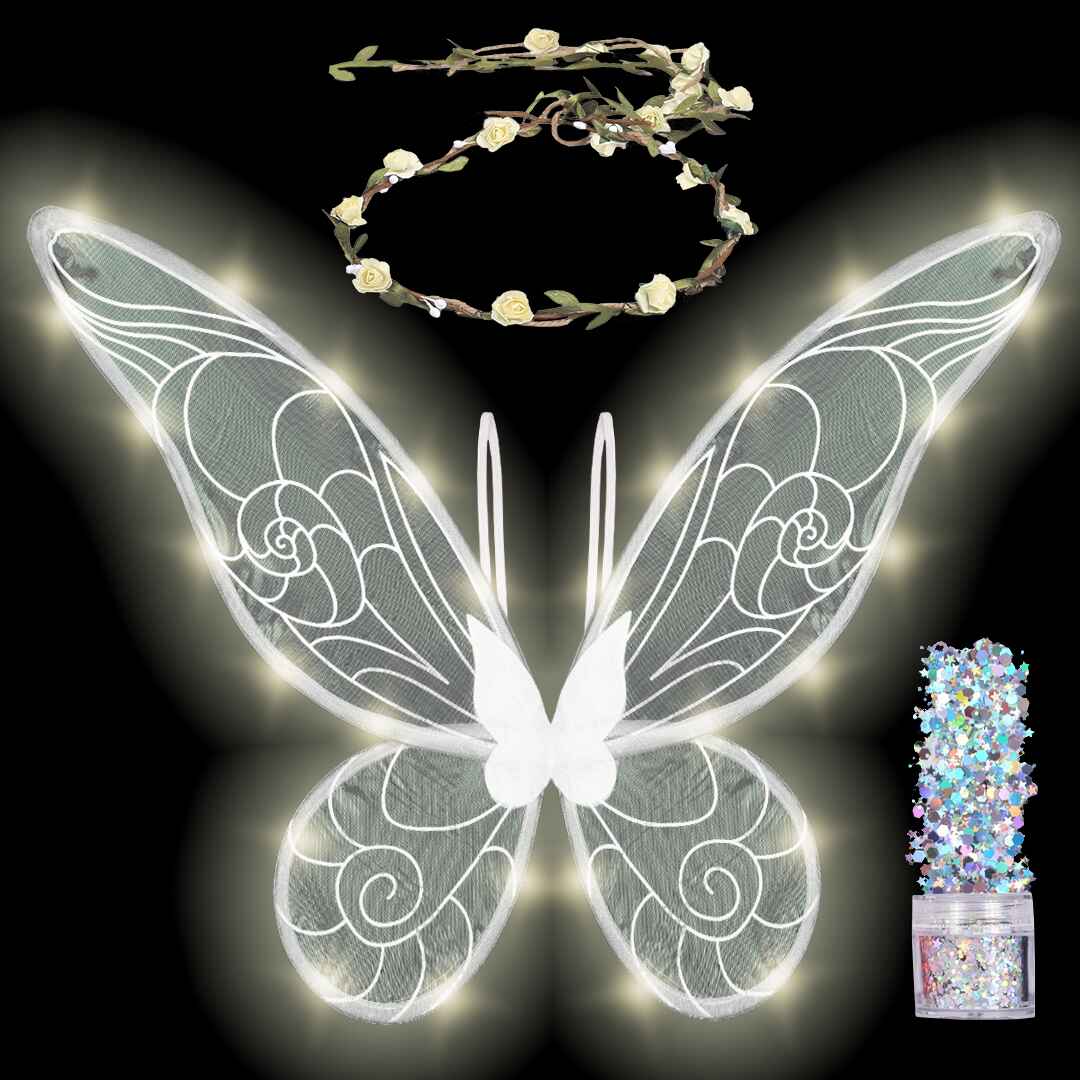 White Fairy Wings Set with Crown and Glitter - Perfect for Girls, Women, and Kids - Halloween Costume Cosplay Dress Up