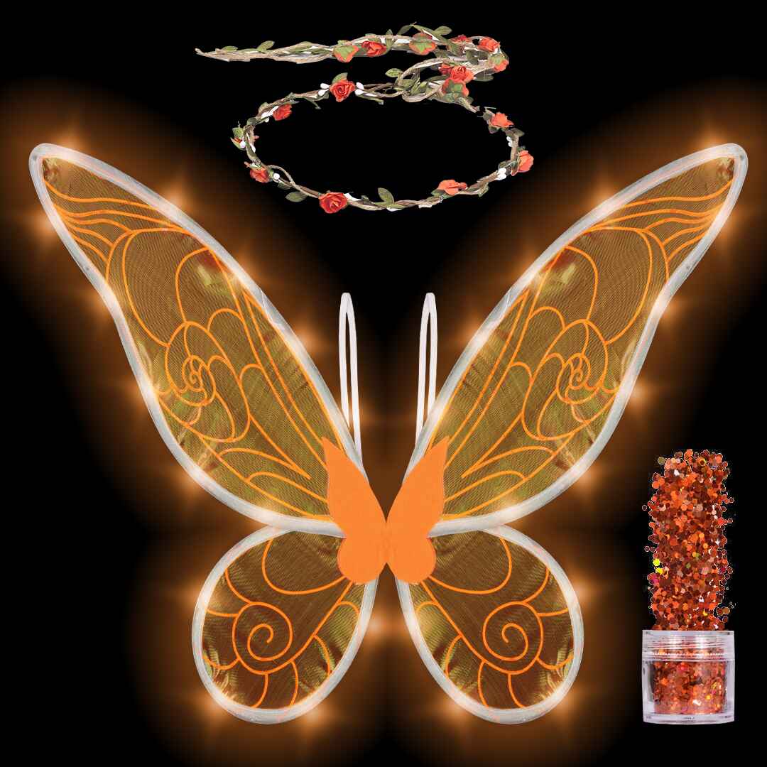 Orange Fairy Wings Set with Crown and Glitter - Perfect for Girls, Women and Kid