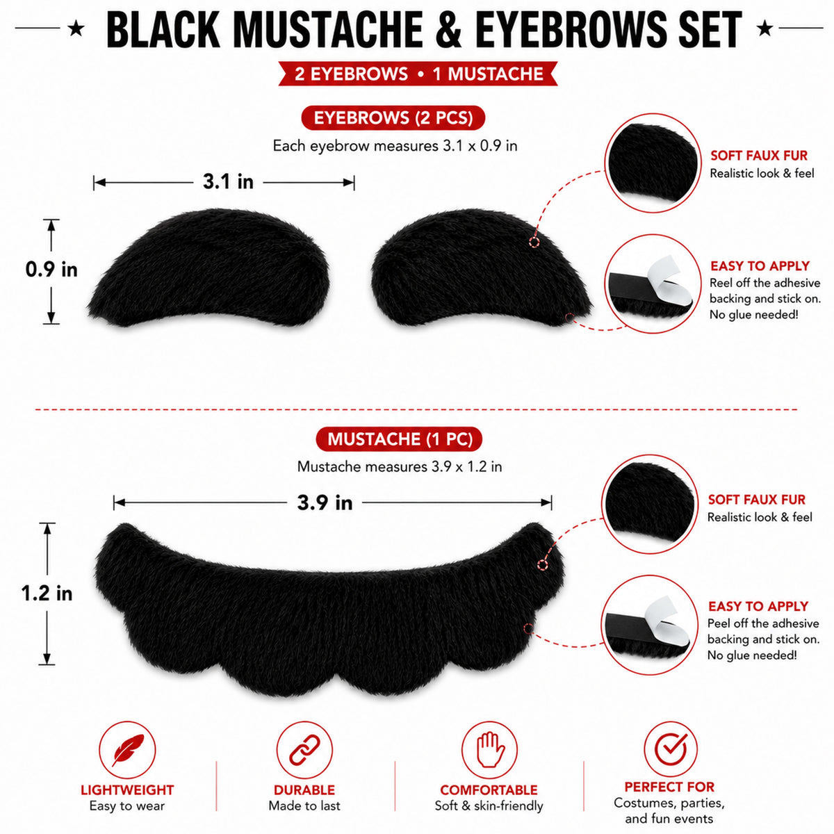 Black Scalloped Costume Mustache & Eyebrows - design and size details