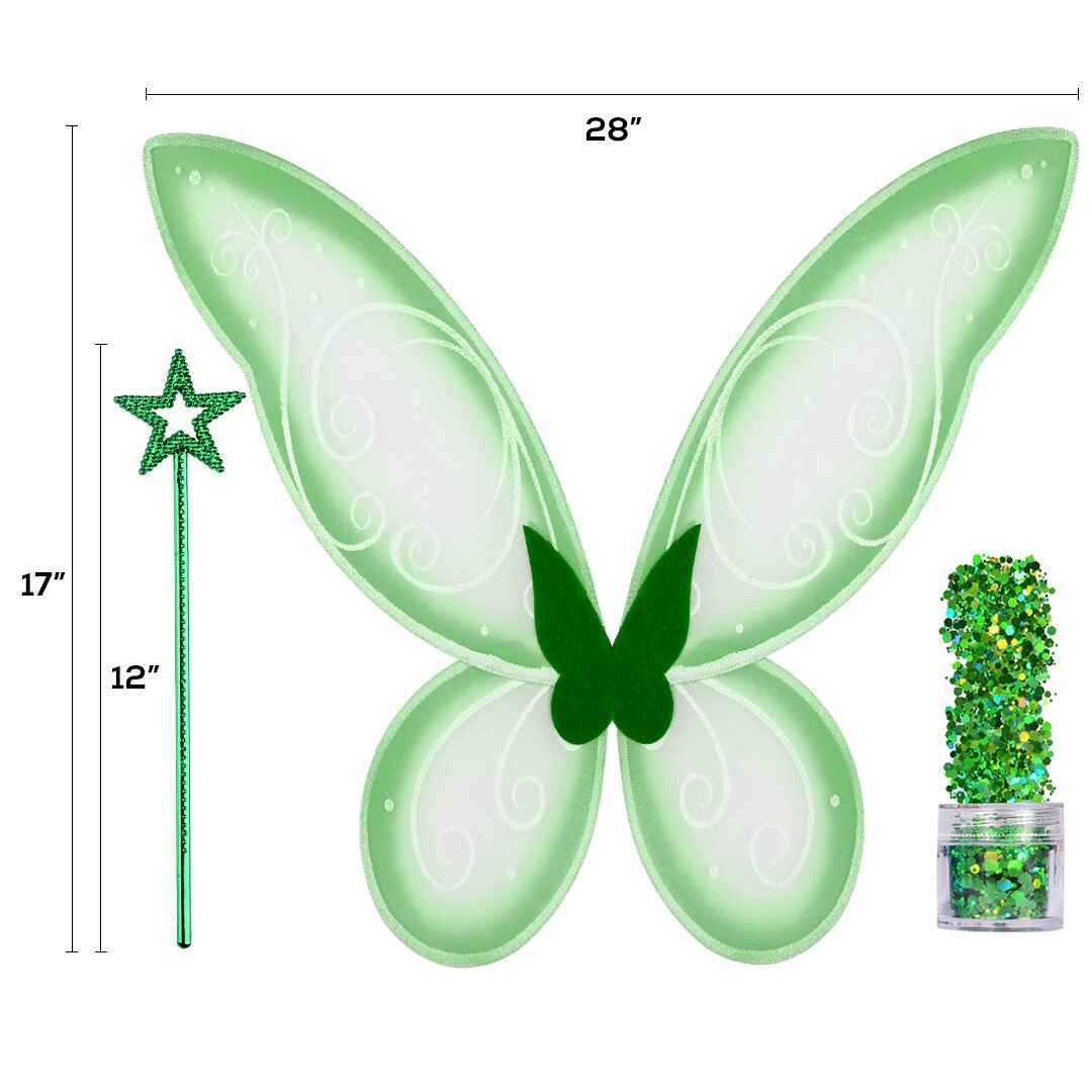 Green Fairy Costume Accessories Set - Fairy Wings, Fairy Wand with Fairy Glitter - FUNCREDIBLE