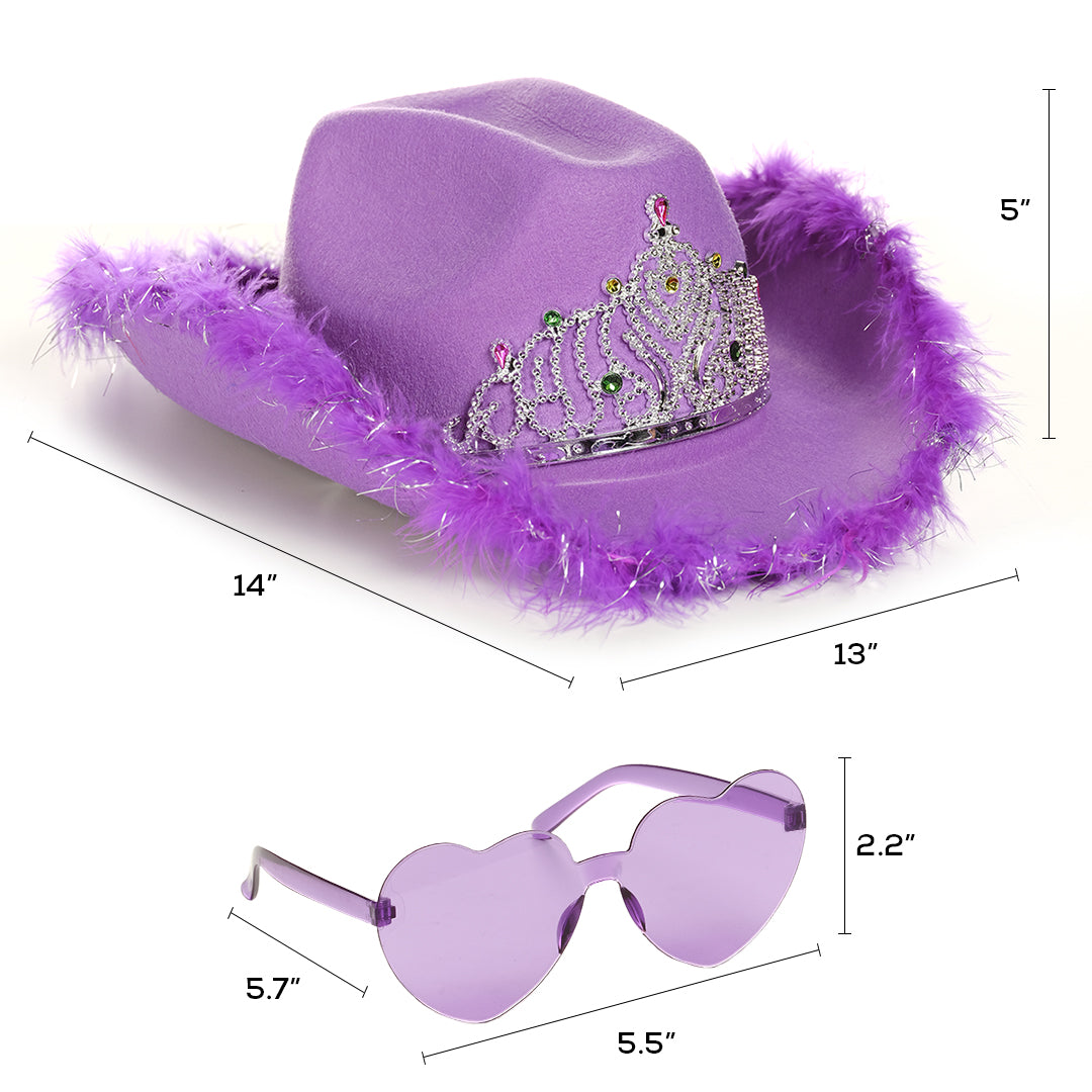 Funcredible Purple Cowboy Hat and Glasses - Preppy Cowgirl Hat - Sparkly Cowboy Hat - Cowgirl Outfit Accessories for Women and Girls