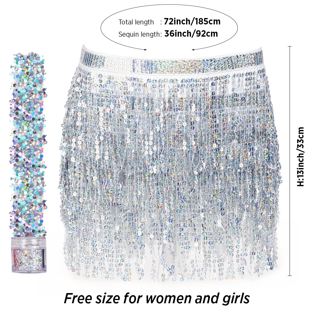 rave attire for women boho fringe belt fadas cortas scarf skirts for women gypsy cowgirl clothing -festival clothes silver sparkly skirt burning man costumes for women rave wear metallic silver skirt