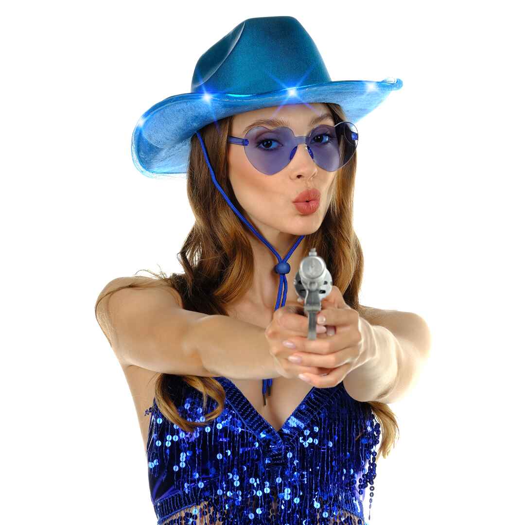 Light up the party with our blue light up cowboy hat