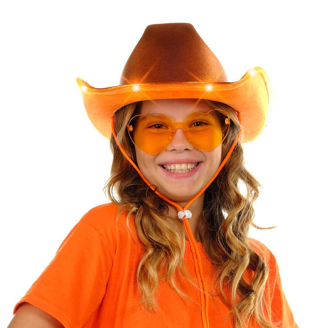 Light up the party with our orange light up cowboy hat in vibrant colors, perfect for your space cowgirl costume