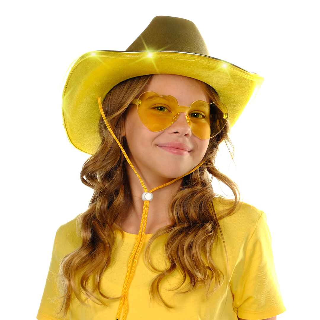 gold western-themed cowgirl hat. Ideal for costume parties, country fairs