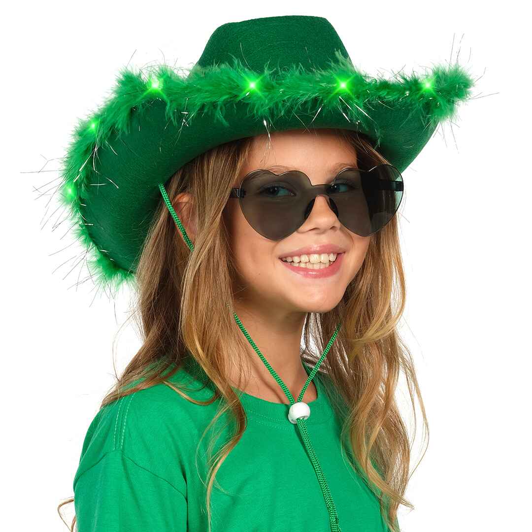 a green halloween light up cowboy hat with Feathers