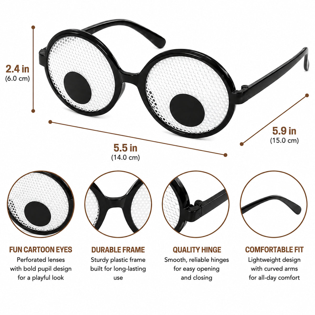 Big-Eye Novelty Costume Glasses - design and size details