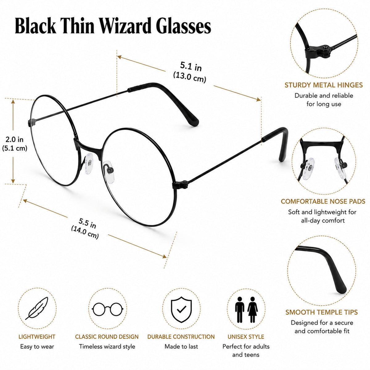 Round Thin Black Costume Glasses - design and size details
