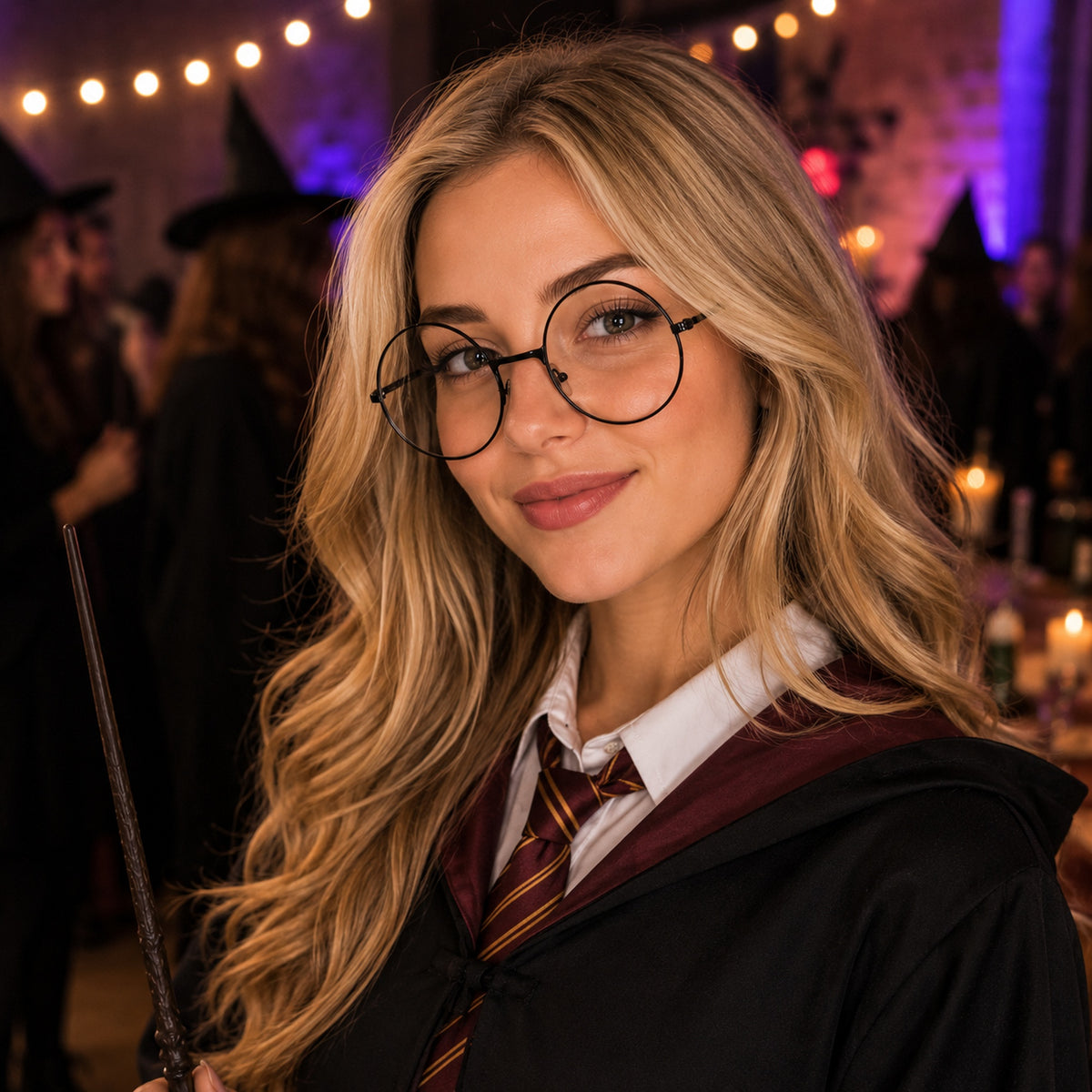 Round Thin Black Costume Glasses styled for a costume party