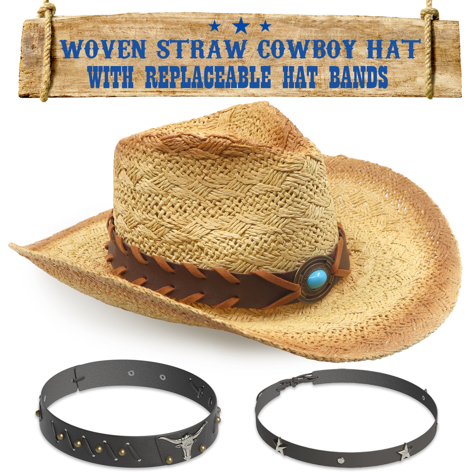 Funcredible Straw Cowboy Hat - Woven Cowgirl Hat with 3 Replaceable Hat Bands - Vintage Western Cowgirl Hat - Aesthetic Cowboy Hat for Women and Men Western Style - Trendy Cowgirl Cowboy Hat