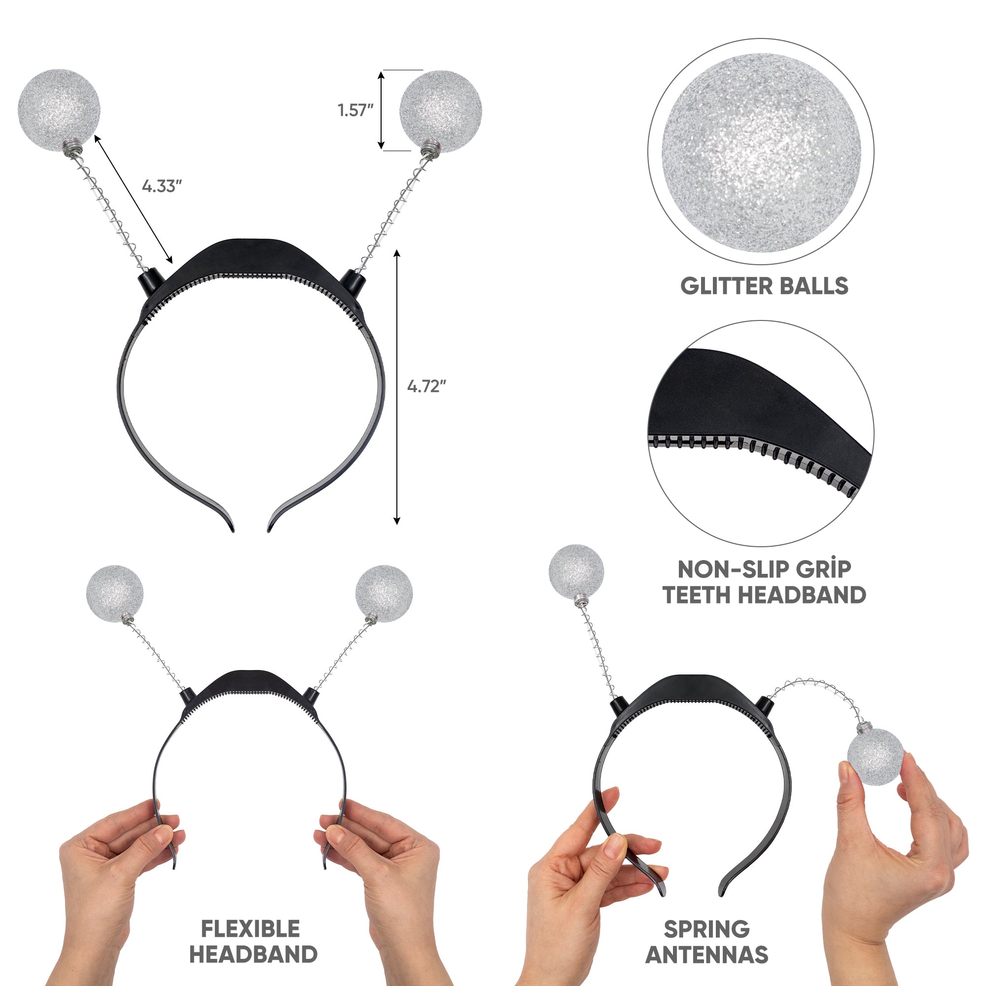 Silver Light Up Alien Headband with Chunky Glitter - Alien Costume Accessories for Women - FUNCREDIBLE