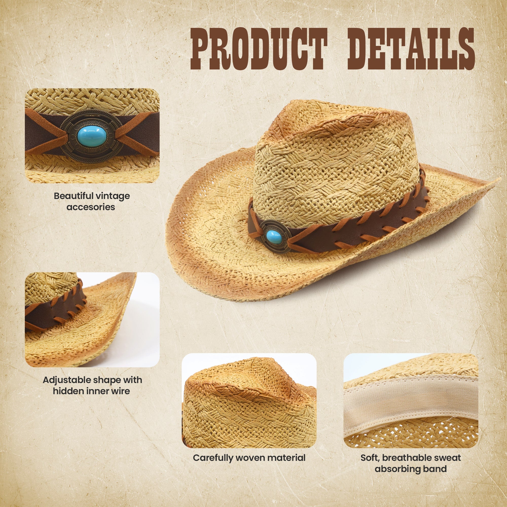 Funcredible Straw Cowboy Hat - Woven Cowgirl Hat with 3 Replaceable Hat Bands - Vintage Western Cowgirl Hat - Aesthetic Cowboy Hat for Women and Men Western Style - Trendy Cowgirl Cowboy Hat