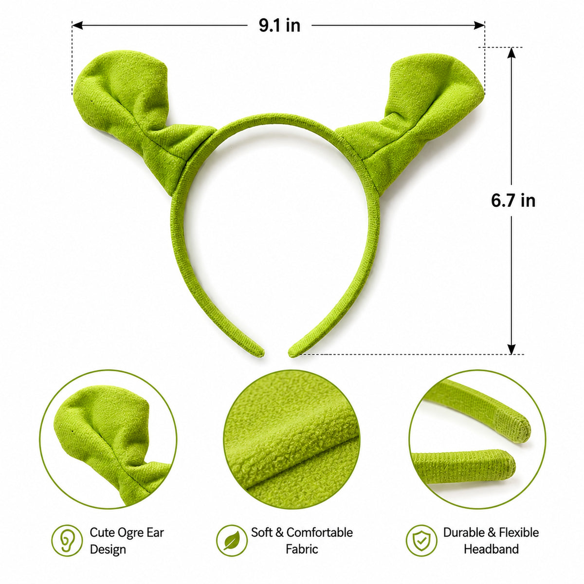 Ogre & Donkey Ears Headband Costume Set - design and size details