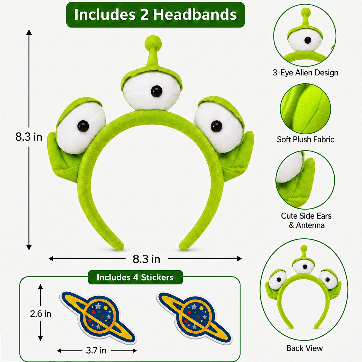 Three-Eyed Alien Headband Set for Two - design and size details