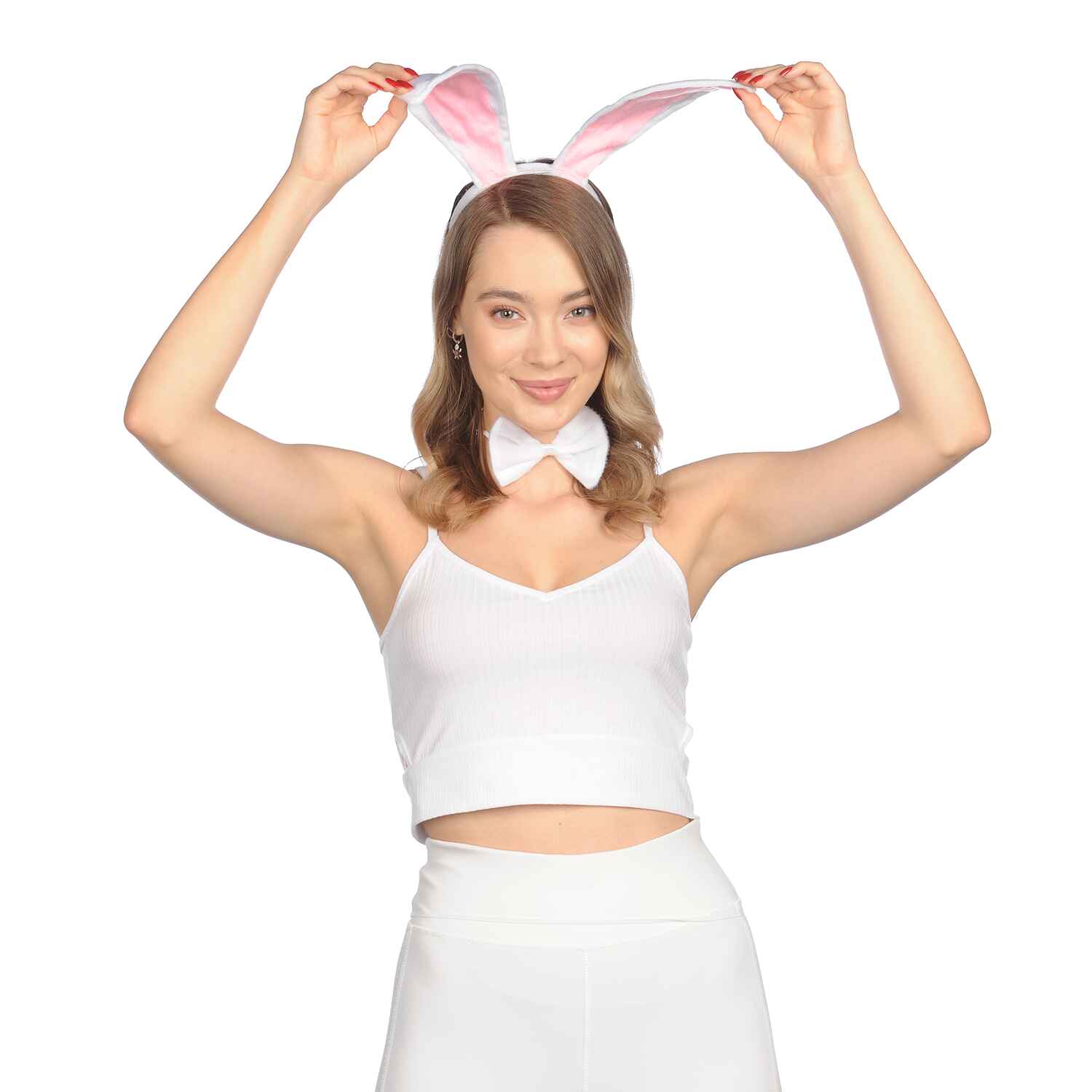 White Plush Easter Rabbit Ears Headband with Tail and Bowtie