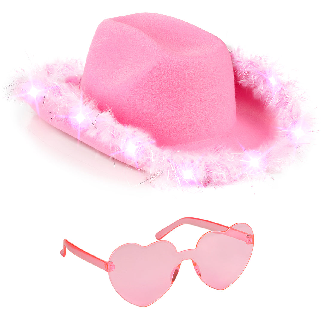 Funcredible Light Up Cowboy Hat and Glasses - Cowgirl Hat for Girls - Cowboy Hat with Feathers, Cowgirl Accessories for Women