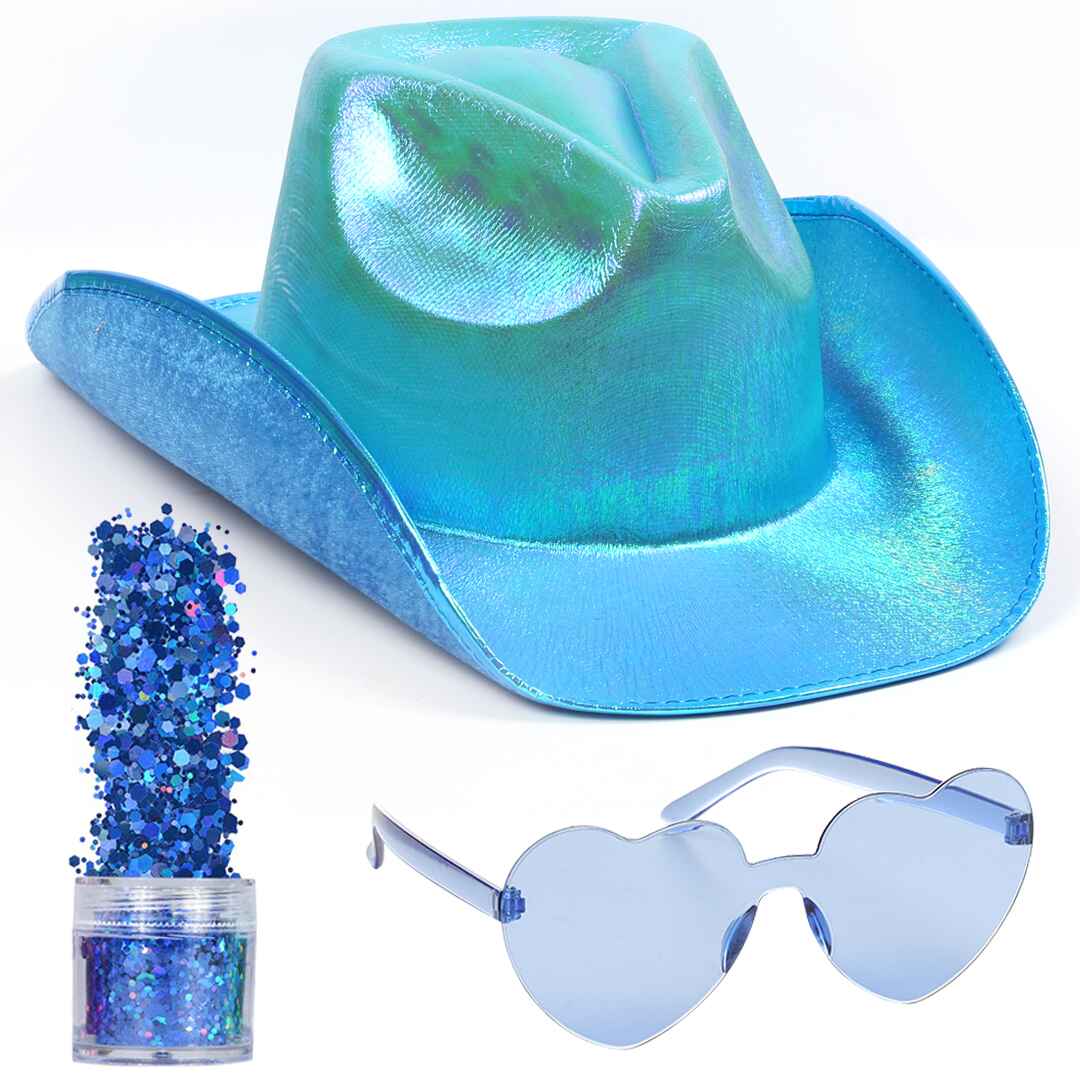 Funcredible Holographic Blue Space Cowgirl Hat - Neon Sparkly Cowboy Hat, Glasses and Glitter Set
