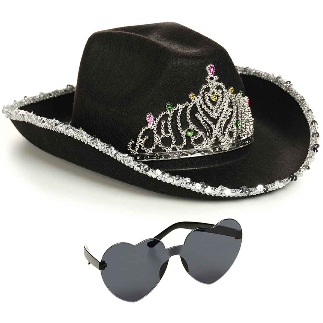 Funcredible Black Cowgirl Hat with Heart Glasses - Black Cowboy Hat with Tiara Crown
