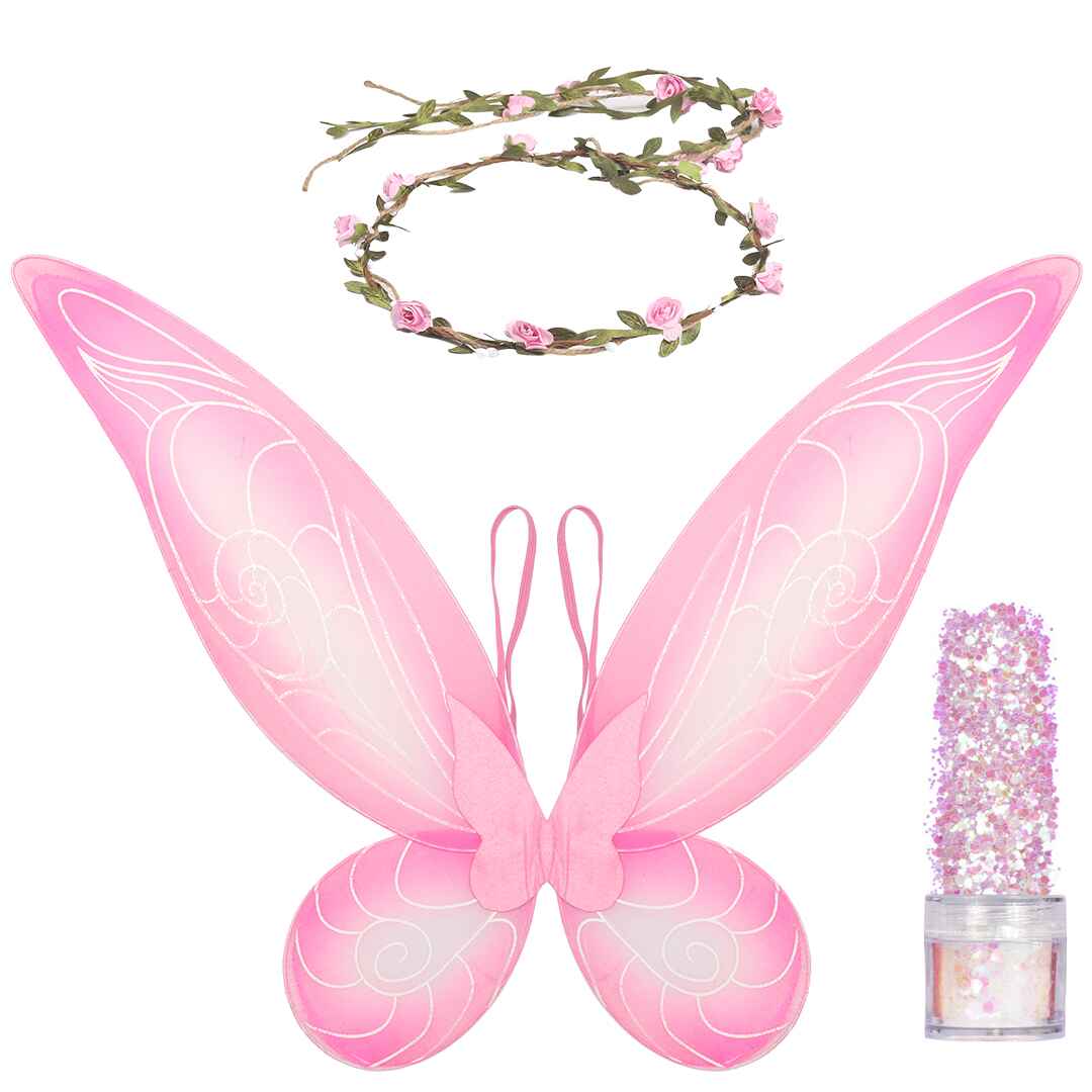 Pink Fairy Costume Accessories Set - Fairy Wings, Fairy Crown with Glitter