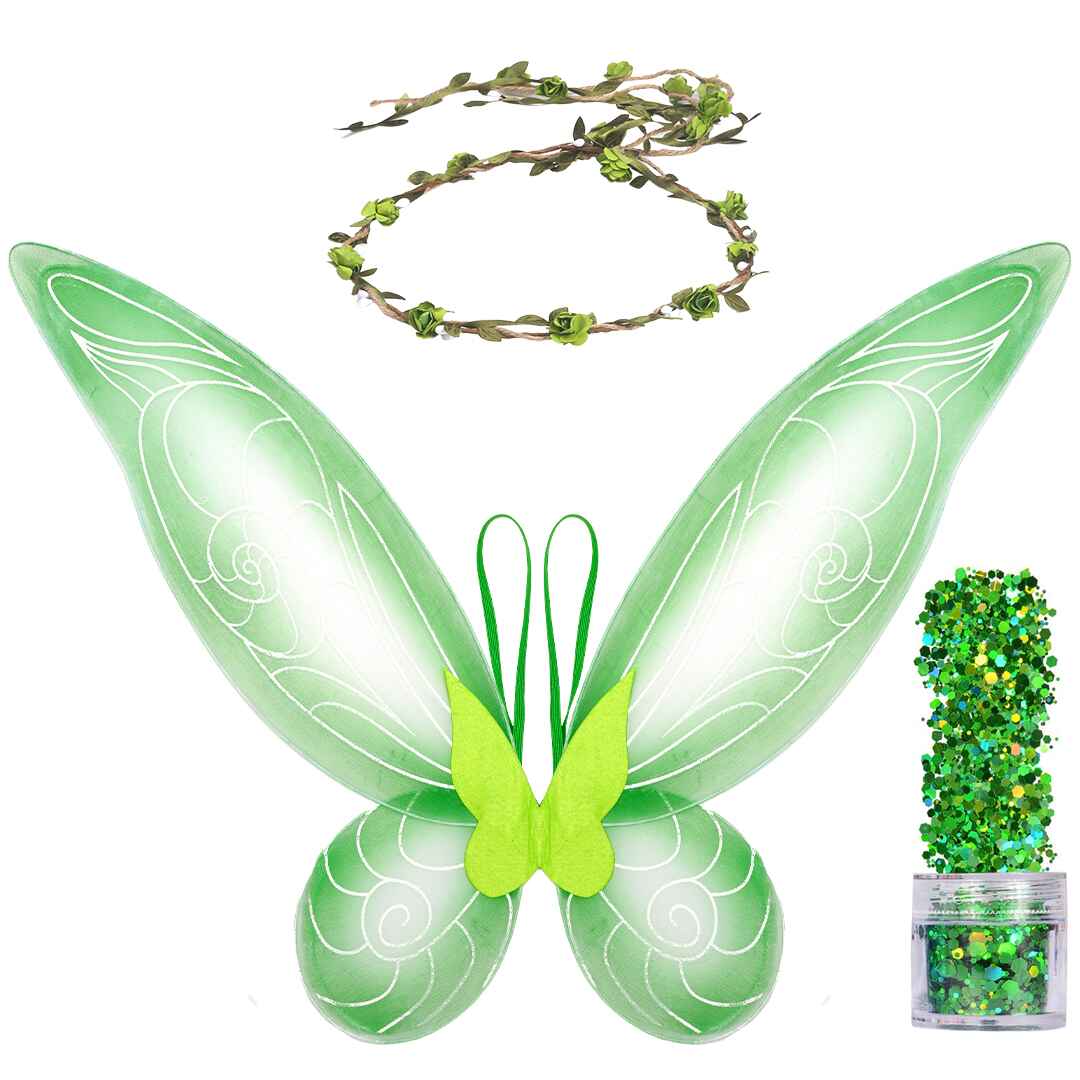  Green Fairy Costume Accessories Set - Fairy Wings, Fairy Crown with Glitter - Green Tooth Fairy Wings