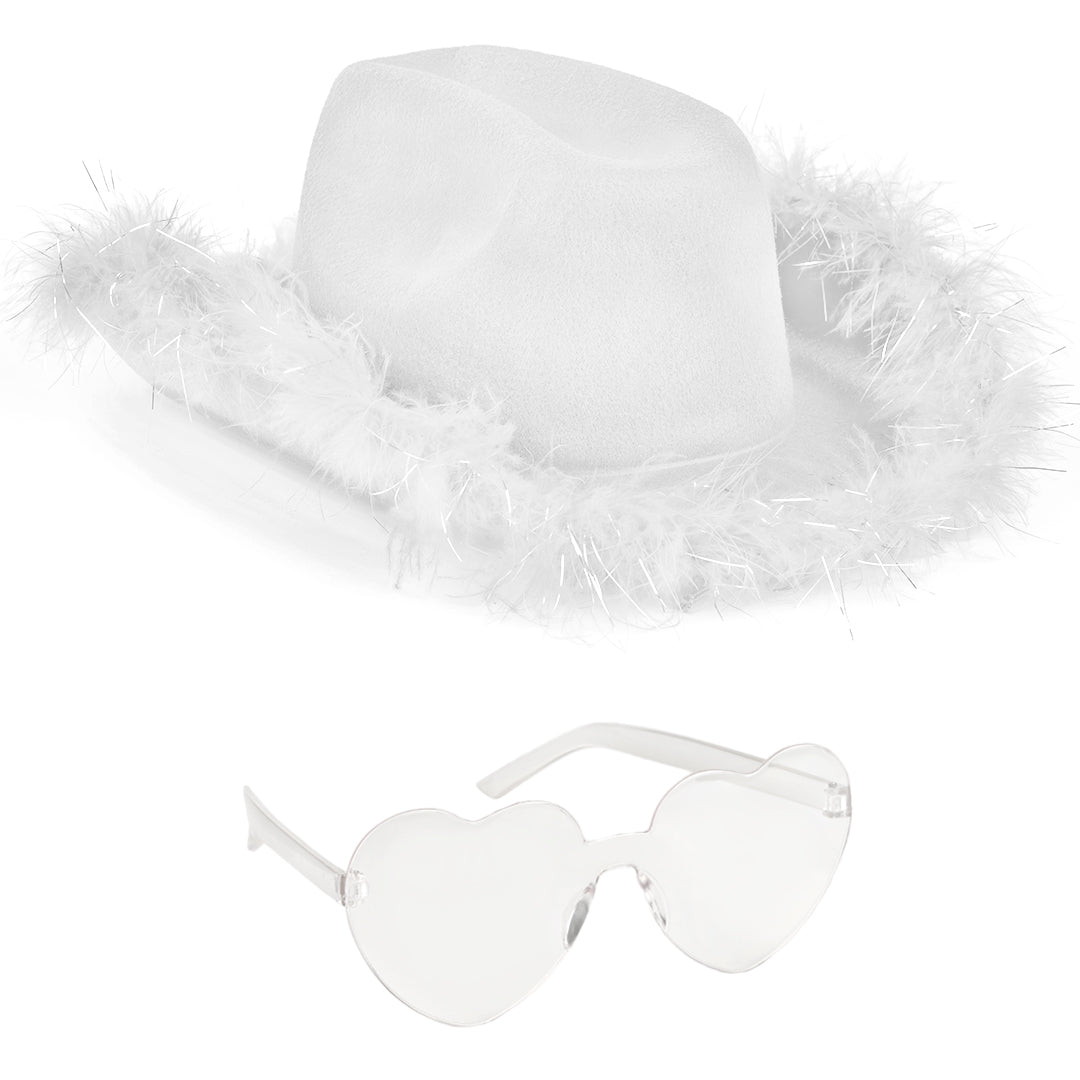 White Cowgirl Hat with Glasses  - Halloween Cowboy Hat with Feathers - Cow Girl Costume Accessories - Fun Bride Western Rodeo Party Hats and Goggles for Women, Girls and Kids - FUNCREDIBLE