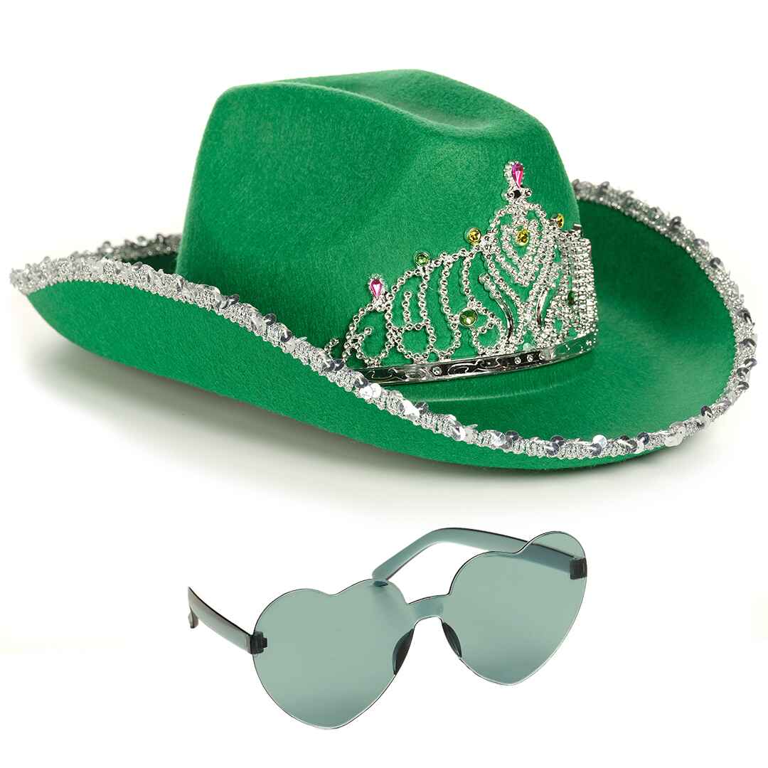 Funcredible Green Cowgirl Hat with Heart Glasses - Green Cowboy Hat with Tiara Crown