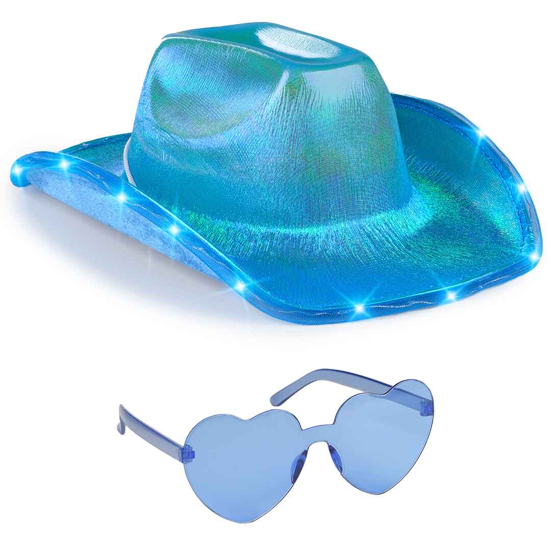 Blue Holographic Space Cowgirl Hat with Glasses - Halloween Cow Girl Costume Accessories