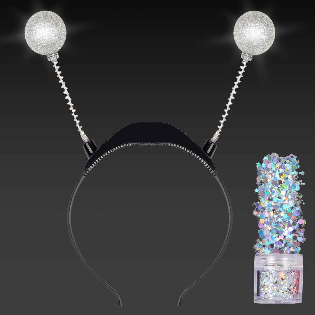  Light Up Alien Headband with Chunky Glitter - Alien Martian Antenna and Holographic Glitter