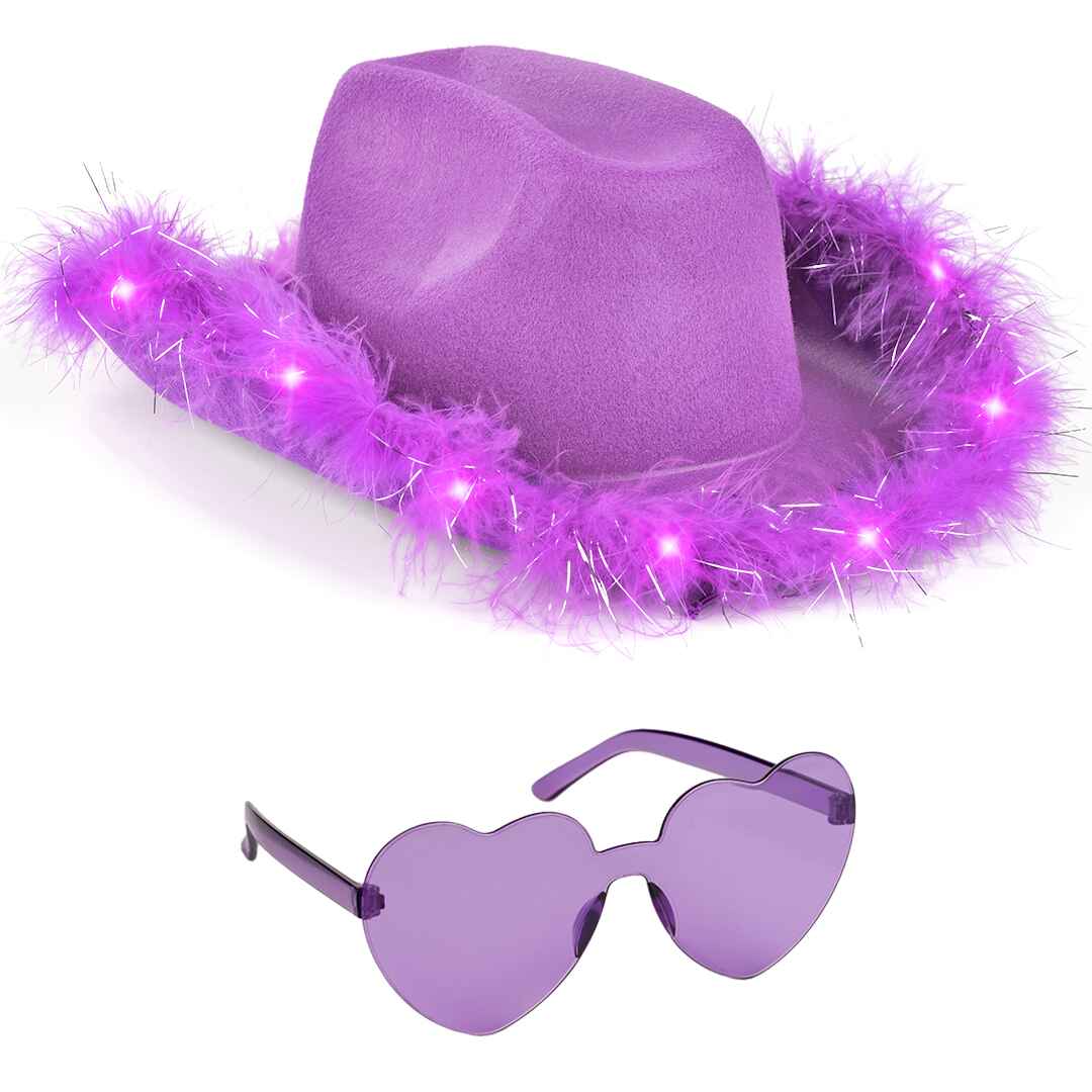 Funcredible Purple Cowgirl Hat with Glasses - Halloween Light Up Cowboy Hat with Feathers