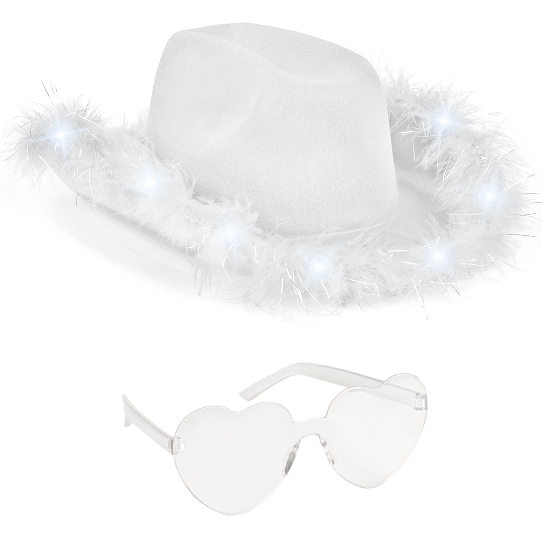 White Cowgirl Hat with Fur Rim - Trendy Halloween Light Up Cowboy Hat - Ideal for Western Rodeo Parties and Celebrations - Perfect for Costume Events, including Bride Cowgirl Parties - FUNCREDIBLE