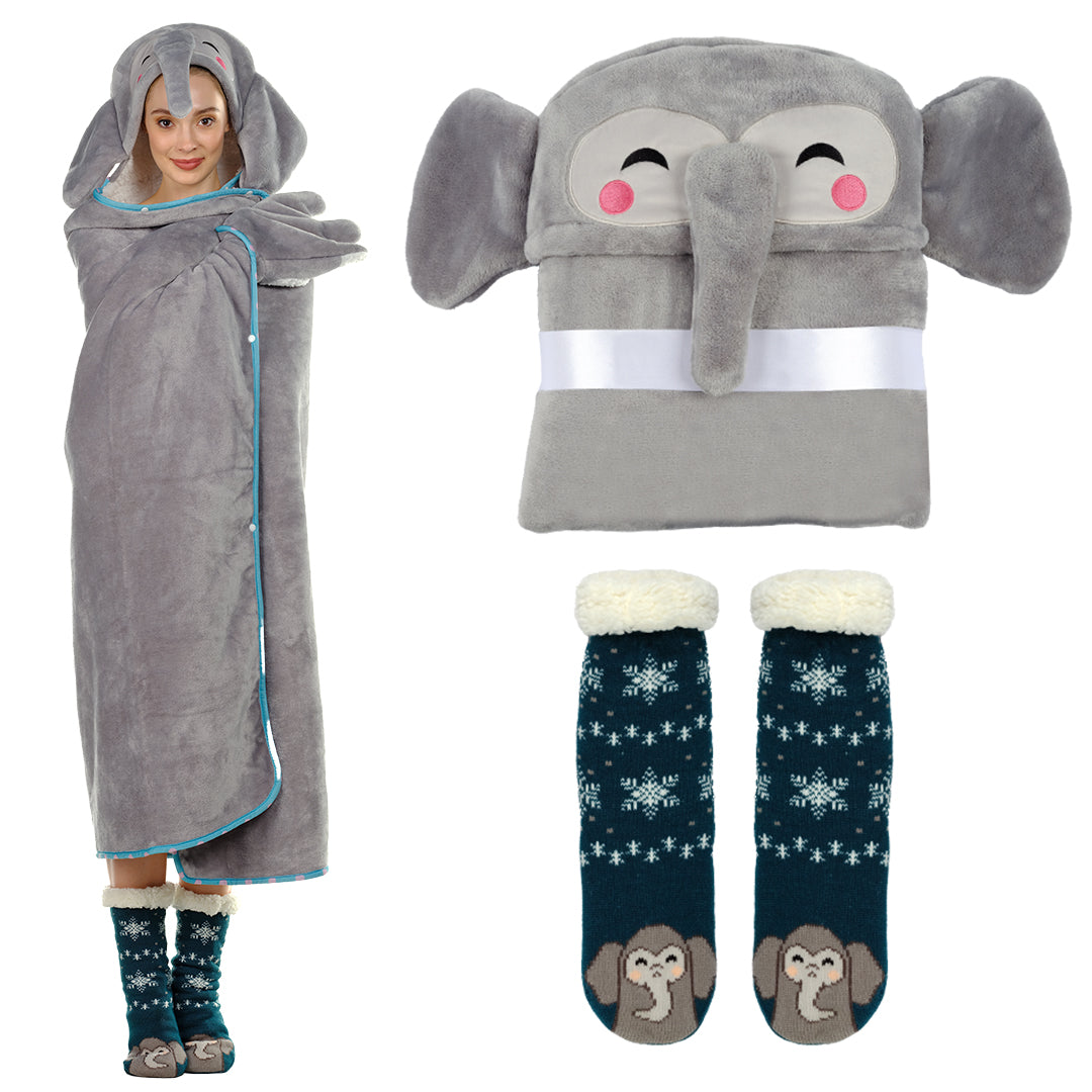 Wearable Elephant Blaknet with Cozy Socks