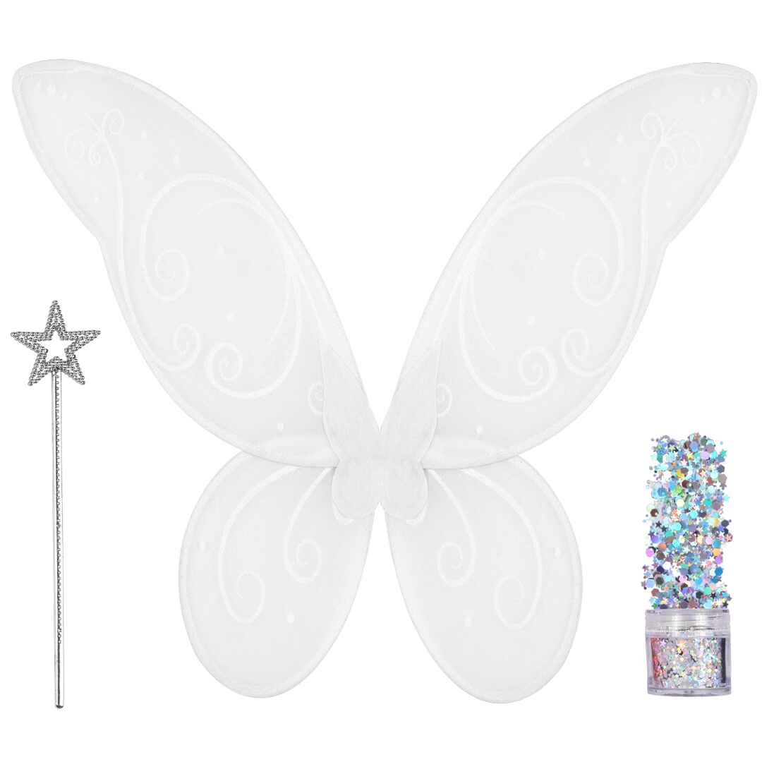 White Fairy Costume Accessories Set - Fairy Wings, Fairy Crown with Glitter - White Tooth Fairy Wings