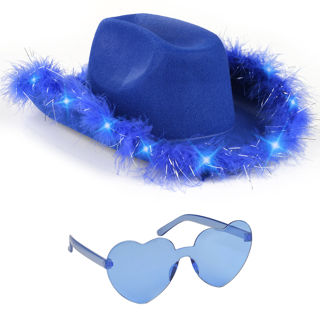 Stylish Blue Cowgirl Hat with Glasses - Halloween Light Up Cowboy Hat with Feathers - Ideal for Festive Western Rodeo Parties and Celebrations - Perfect for Dress-Up - FUNCREDIBLE