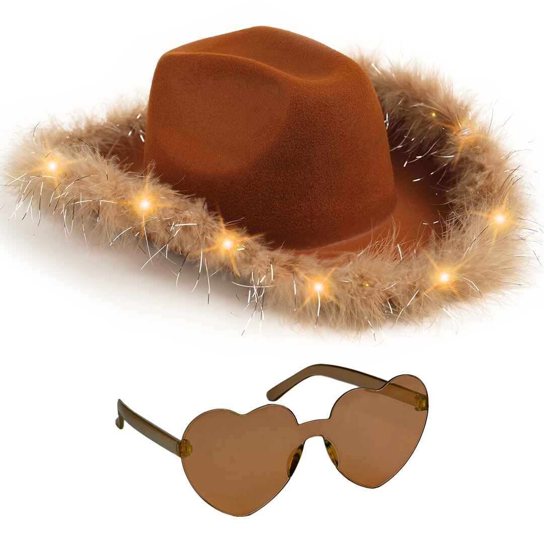 Funcredible Fashionable Brown Cowgirl Hat with Glasses - Halloween Light Up