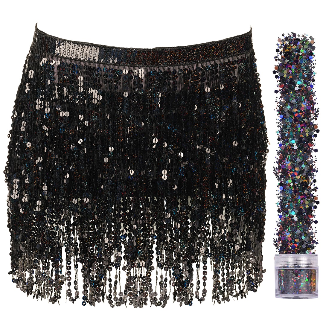 Sequin Fringe Mini Skirt - Sparkly Belly Dance Hip Scarf - Space Cowgirl Outfit - Holographic Tassel Skirts - Party Accessories - Music Festival Rave Clothes for Women ( Black ) - FUNCREDIBLE