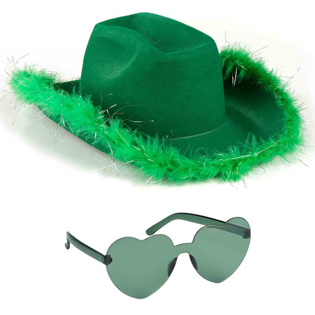 FUNCREDIBLE Green Cowgirl Hat with Glasses - Halloween Cowboy Hat with Feathers