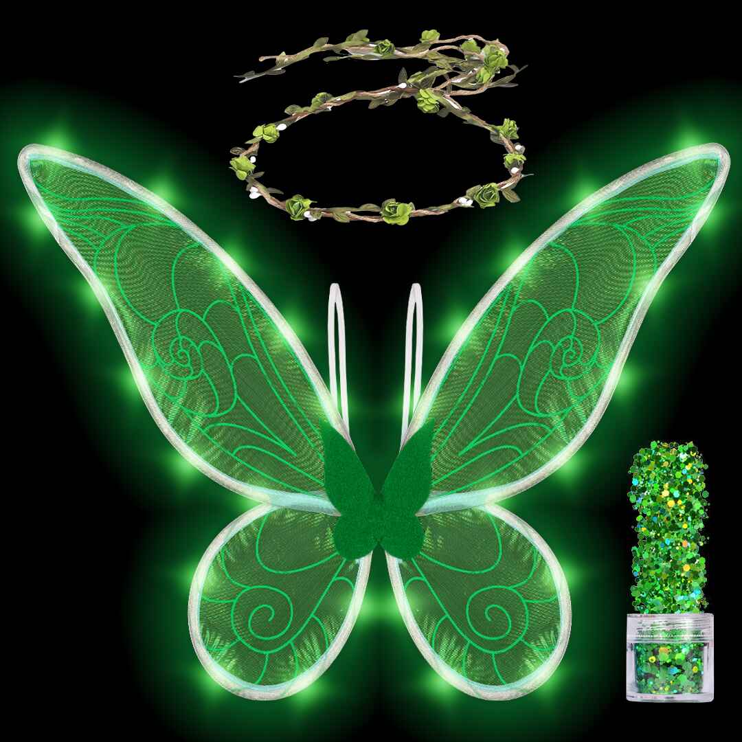 Green Fairy Wings Set with Crown and Glitter - Perfect for Girls, Women and Kids
