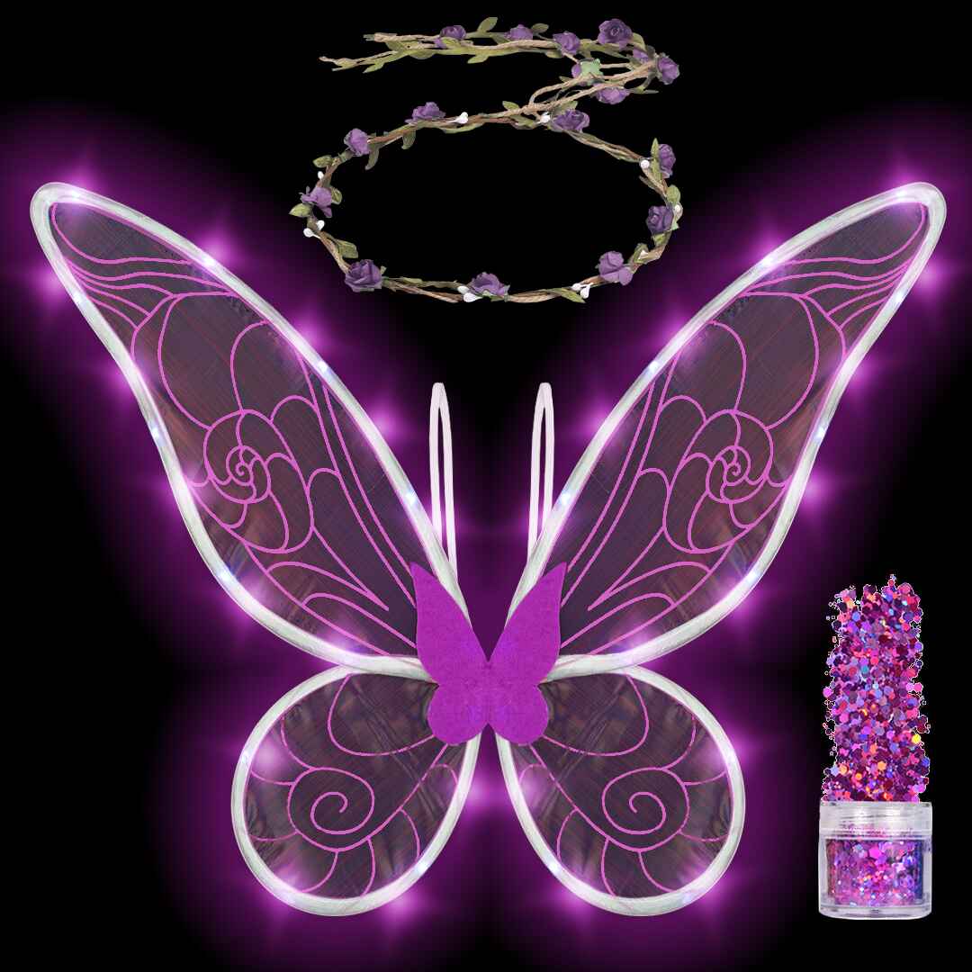 Purple Fairy Wings Set with Crown and Glitter - Perfect for Girls Women and Kids - Halloween Costume Cosplay Dress Up
