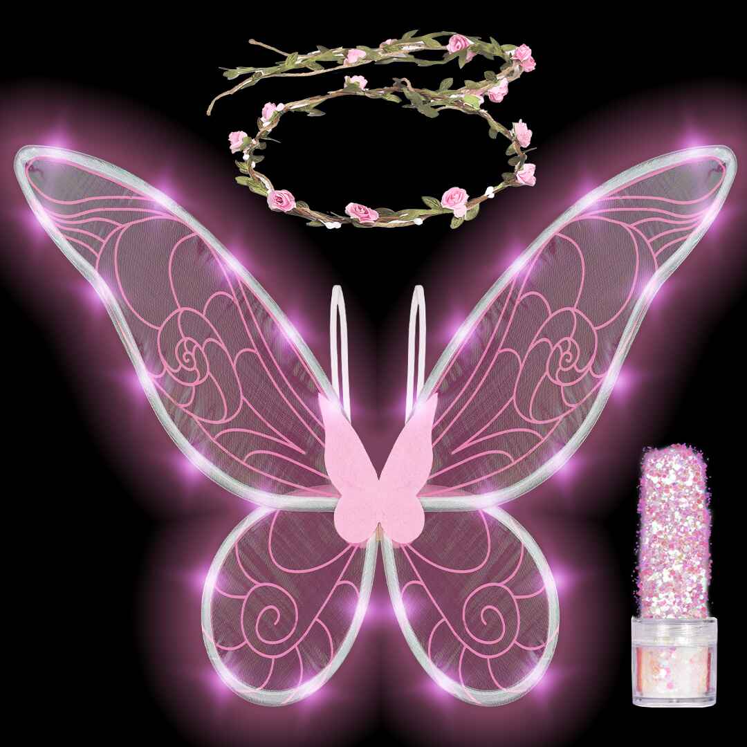 Pink Fairy Wings Set with Crown and Glitter - Perfect for Girls, Women, Kids