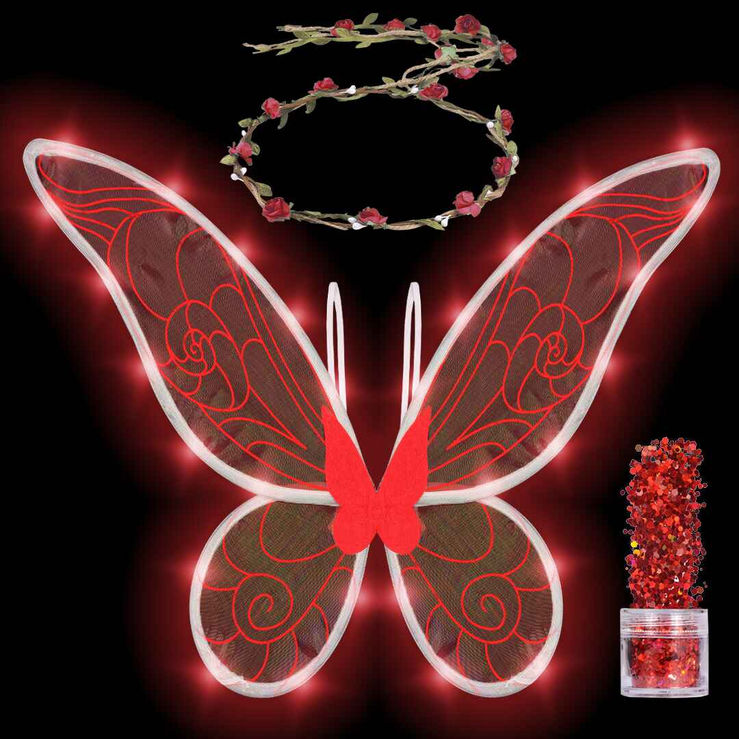 Red Fairy Wings Set with Crown and Glitter - Perfect for Girls, Women and Kids