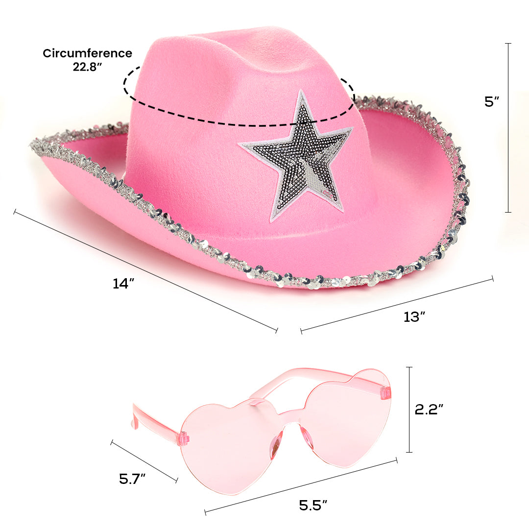 Pink Cowgirl Hat with Heart Glasses - Pink Cowboy Hat with Silver Sequin Star - FUNCREDIBLE